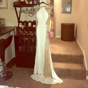 White and silver and nude prom dress